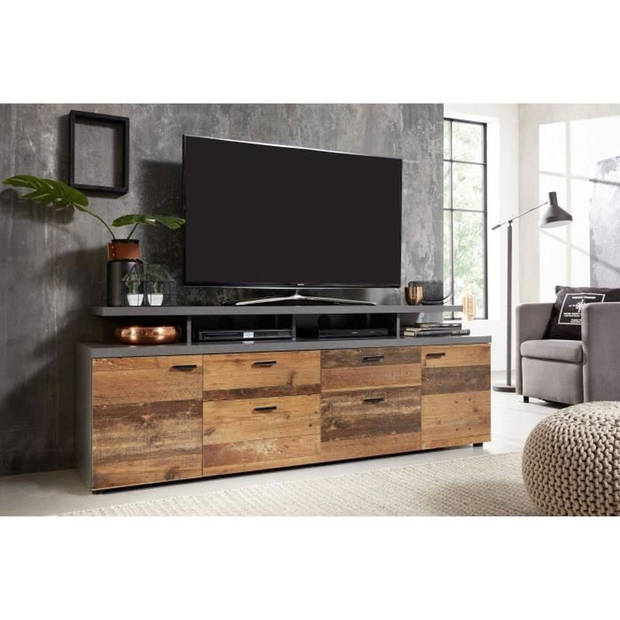 MOOD TV-meubel 2 deuren en 2 lades - Verouderd hout en mat grijze melamine - L 180 x 47 x 66 cm