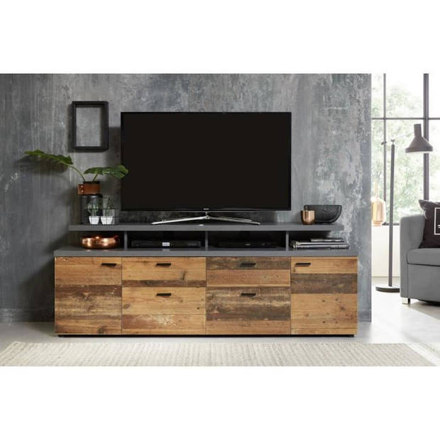 MOOD TV-meubel 2 deuren en 2 lades - Verouderd hout en mat grijze melamine - L 180 x 47 x 66 cm