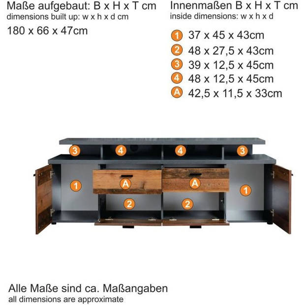 MOOD TV-meubel 2 deuren en 2 lades - Verouderd hout en mat grijze melamine - L 180 x 47 x 66 cm