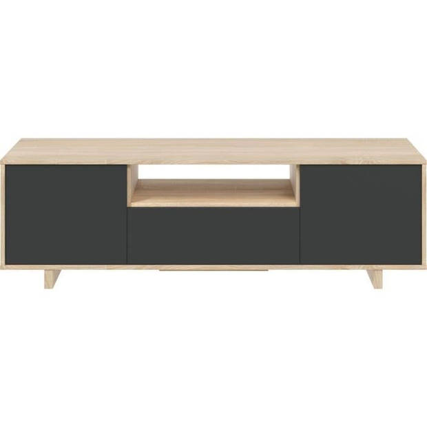 ZAIRA TV-meubel - Antraciet en eiken melamine - 3 Deurs - L150 x D41 x H46 cm