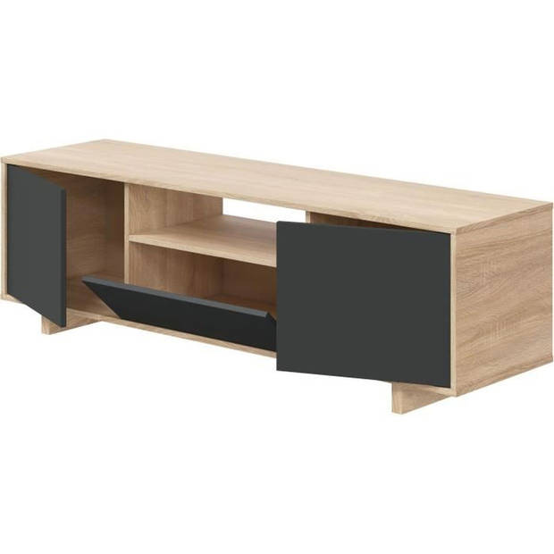 ZAIRA TV-meubel - Antraciet en eiken melamine - 3 Deurs - L150 x D41 x H46 cm