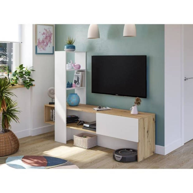 LISS TV-meubel - Wit en eiken melamine - 1 klapdeur + 1 plank - L178 x D43 x H136 cm