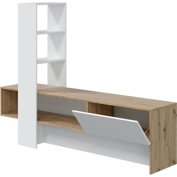 LISS TV-meubel - Wit en eiken melamine - 1 klapdeur + 1 plank - L178 x D43 x H136 cm