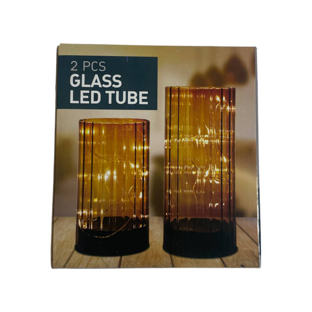 Windlicht van glas met LED - Amber - 2 stuks