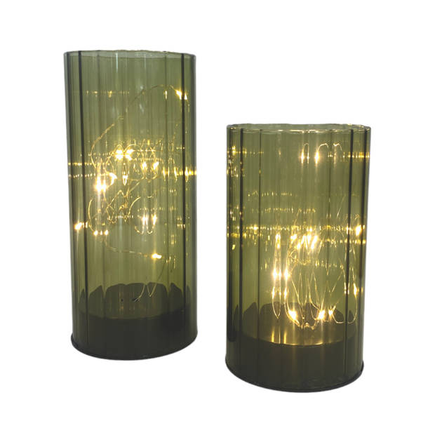 Windlicht van glas met LED - Groen - 2 stuks