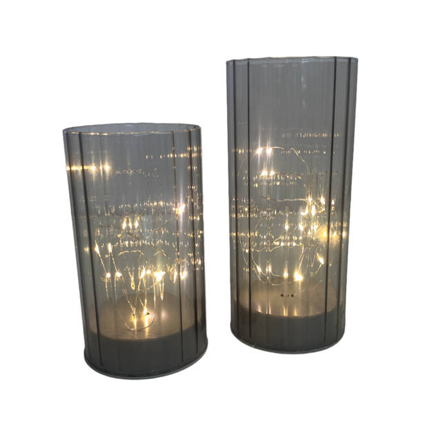 Windlicht van glas met LED - Grijs - 2 stuks