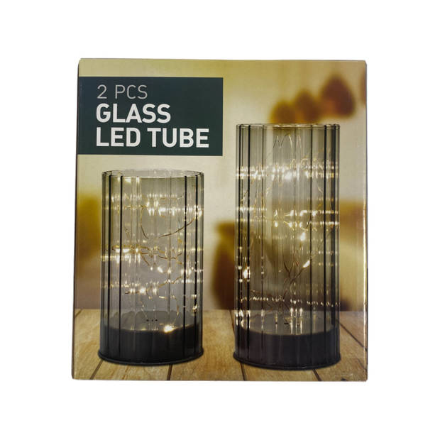 Windlicht van glas met LED - Grijs - 2 stuks