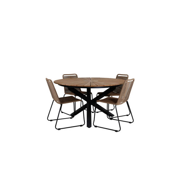 Mexico tuinmeubelset tafel Ø140cm en 4 stoel stapelL Lindos zwart, naturel.