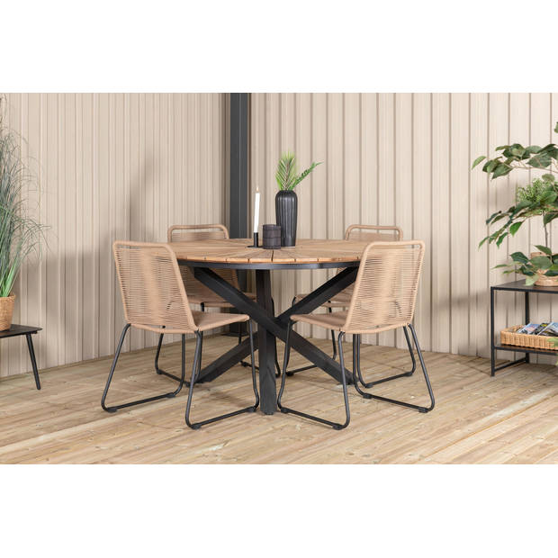 Mexico tuinmeubelset tafel Ø140cm en 4 stoel stapelL Lindos zwart, naturel.