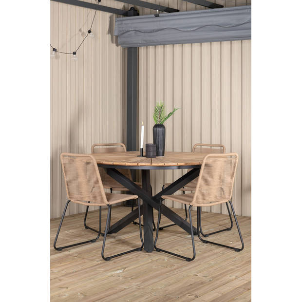 Mexico tuinmeubelset tafel Ø140cm en 4 stoel stapelL Lindos zwart, naturel.