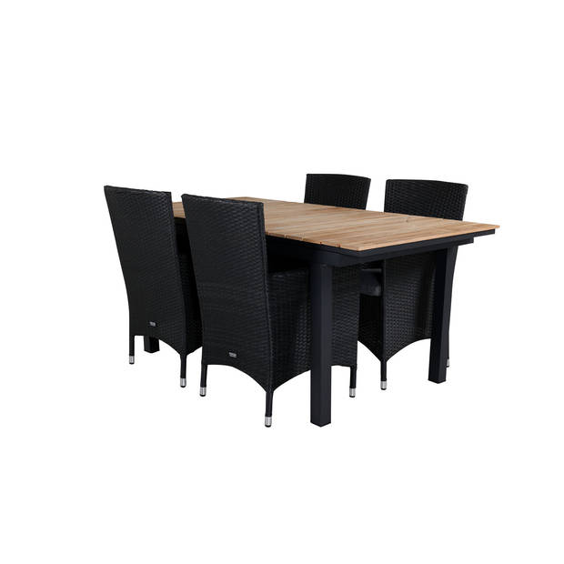 Mexico tuinmeubelset tafel 90x160/240cm en 4 stoel Malin zwart, naturel.