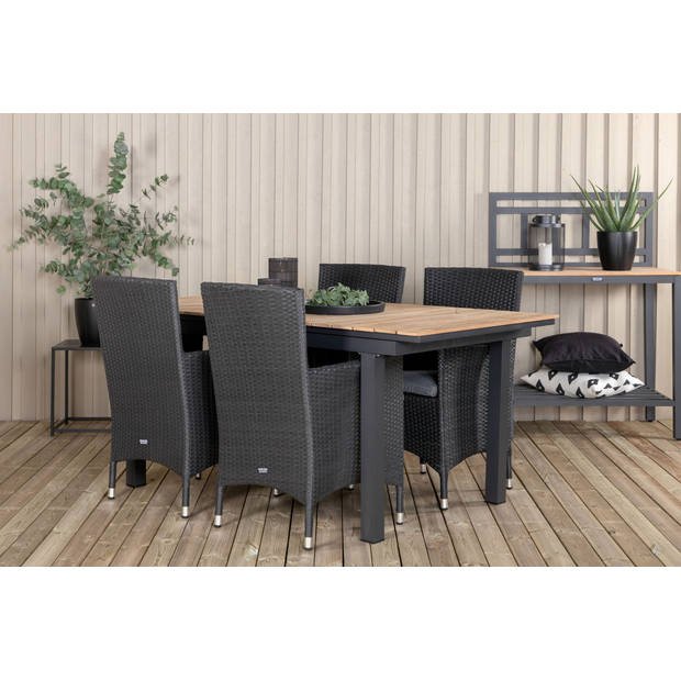 Mexico tuinmeubelset tafel 90x160/240cm en 4 stoel Malin zwart, naturel.