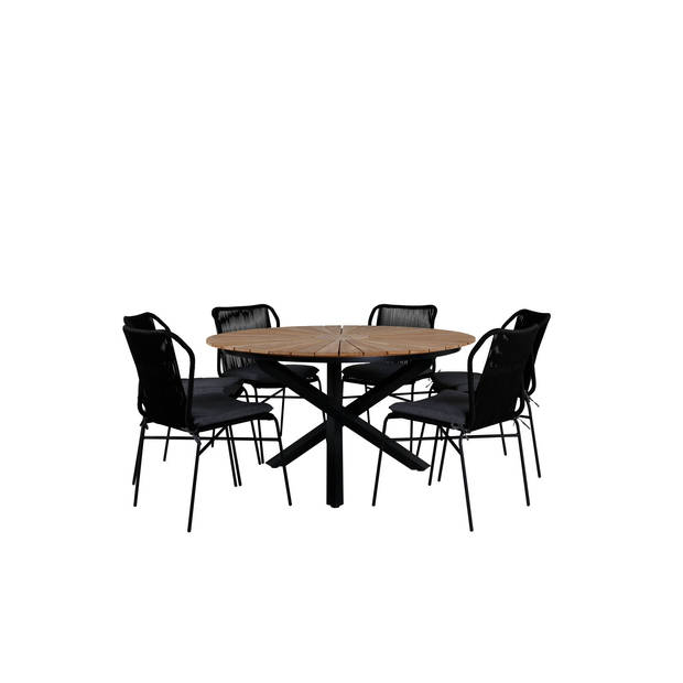 Mexico tuinmeubelset tafel Ø140cm en 6 stoel Julian zwart, naturel.