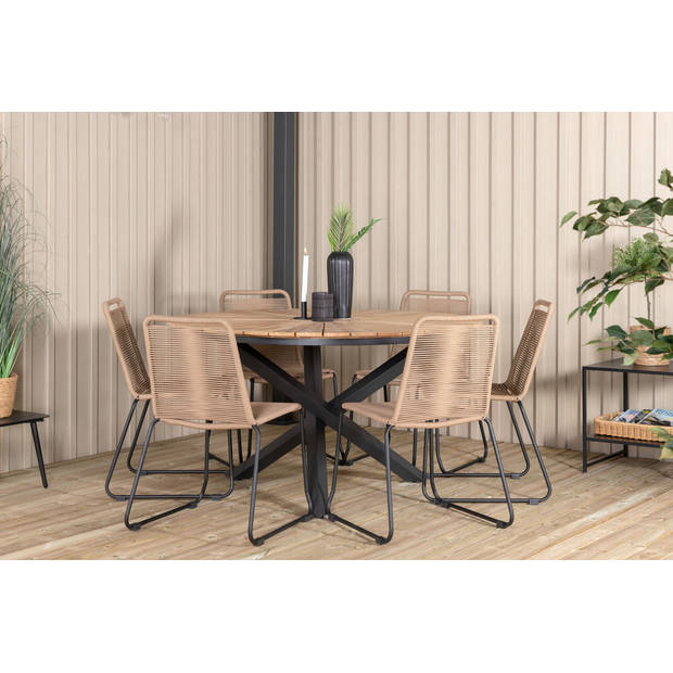 Mexico tuinmeubelset tafel Ø140cm en 6 stoel stapelL Lindos zwart, naturel.