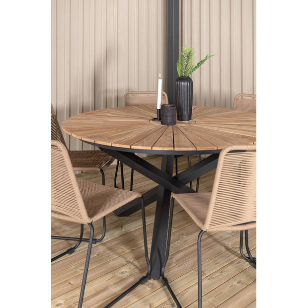 Mexico tuinmeubelset tafel Ø140cm en 6 stoel stapelL Lindos zwart, naturel.