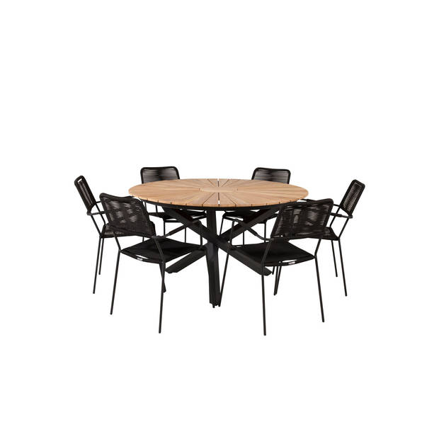 Mexico tuinmeubelset tafel Ø140cm en 6 stoel armleuning Lindos zwart, naturel.