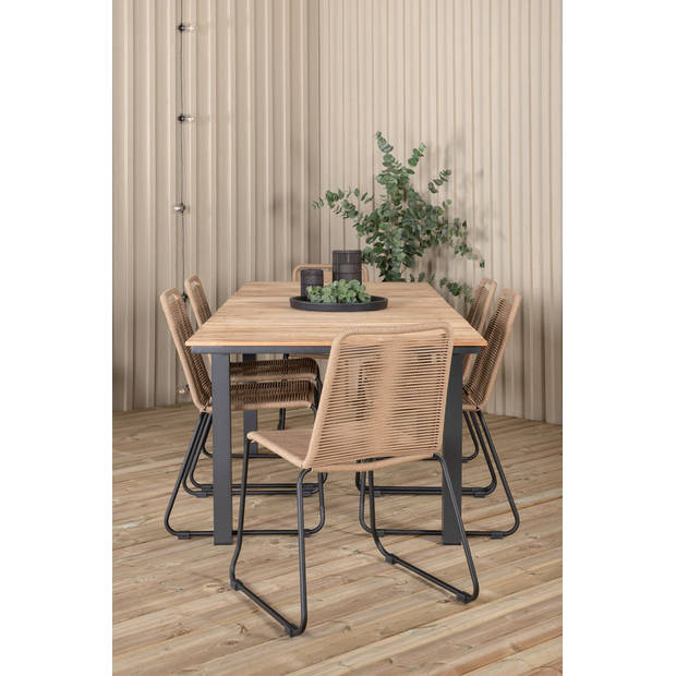 Mexico tuinmeubelset tafel 90x160/240cm en 6 stoel stapelL Lindos zwart, naturel.