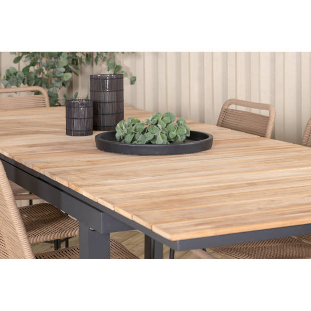 Mexico tuinmeubelset tafel 90x160/240cm en 6 stoel stapelL Lindos zwart, naturel.