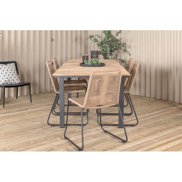 Mexico tuinmeubelset tafel 90x160/240cm en 6 stoel stapelL Lindos zwart, naturel.