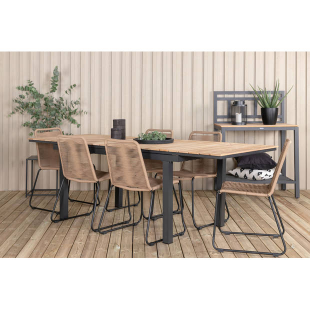 Mexico tuinmeubelset tafel 90x160/240cm en 6 stoel stapelL Lindos zwart, naturel.