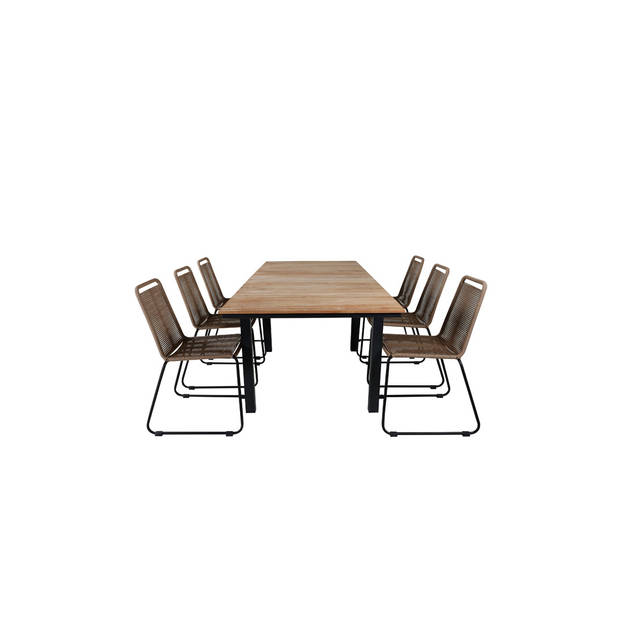 Mexico tuinmeubelset tafel 90x160/240cm en 6 stoel stapelL Lindos zwart, naturel.