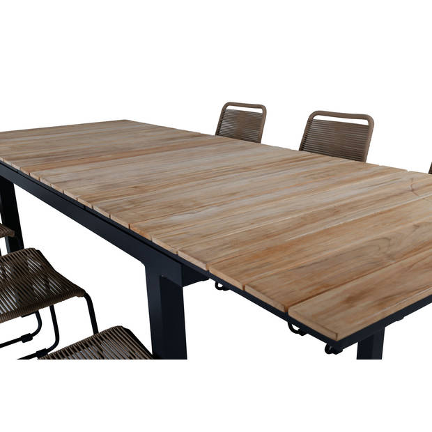 Mexico tuinmeubelset tafel 90x160/240cm en 6 stoel stapelL Lindos zwart, naturel.