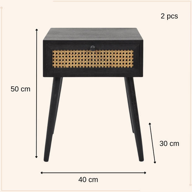 MISOU Nachtkastje - Met Lade - Set van 2 - Rotan - Webbing - Hout - Zwart