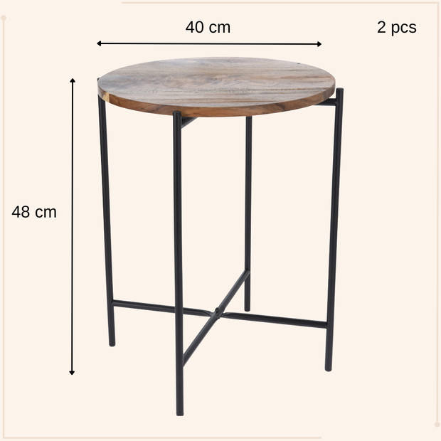 MISOU Bijzettafel - Salontafel - Set van 2 - Metaal met Acacia Hout - 40X48CM - Bijzettafeltje