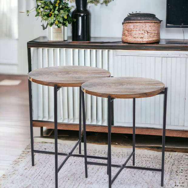 MISOU Bijzettafel - Salontafel - Set van 2 - Metaal met Acacia Hout - 40X48CM - Bijzettafeltje