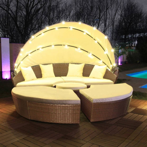 Elfida - Polyrattan Loungeset met Solar LED verlichting - 210cm - Inclusief kussens - Bruin