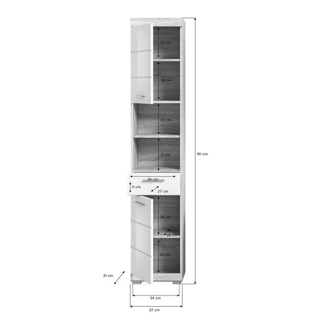 Lambada kolomkast 2 deuren, 1 lade, 2 planken hoog glans wit,eik decor.