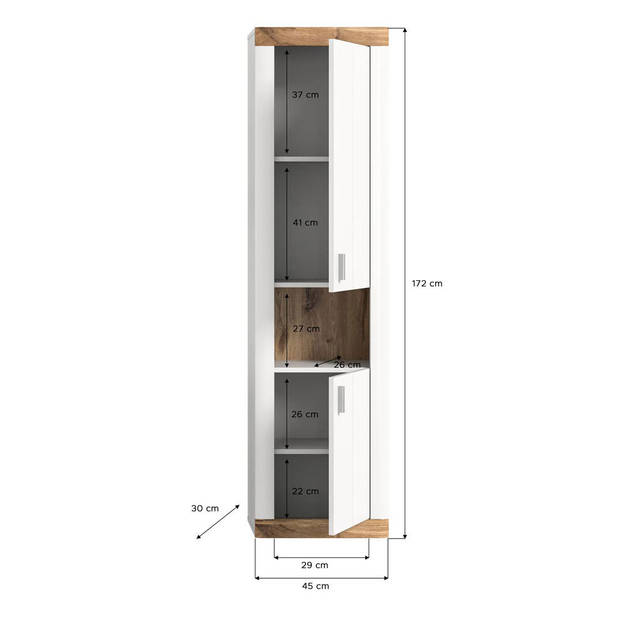 Laredo kolomkast wandmontage 2 deuren, 1 plank mat wit,eik decor,wit.