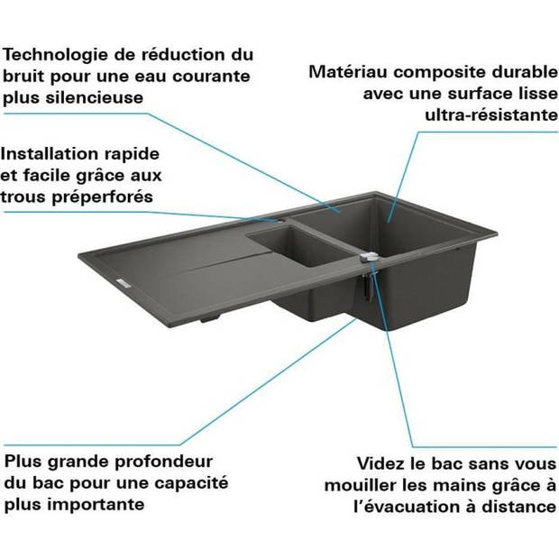 Grohe Composite Sink met K400 1000 x 500 mm Grijs graniet 31642at0 Drainer