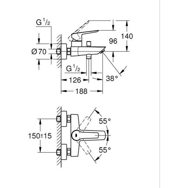 Eéngreeps bad-/douchemengkraan - GROHE Start - 322782432 - Mat zwart - Opbouwwandmontage - Automatische omstelling