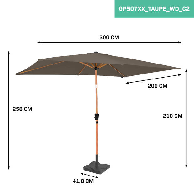 VONROC Premium Stokparasol Rapallo 200x300cm - Incl. parasolvoet & beschermhoes – Rechthoekige parasol - Kantelbaar – UV
