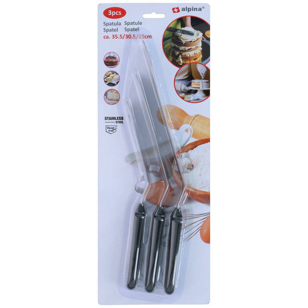 Alpina Kook/keuken gerei - bak spatels - set 3x stuks - zilver - RVS - 35/30/26 cm - Soeplepels