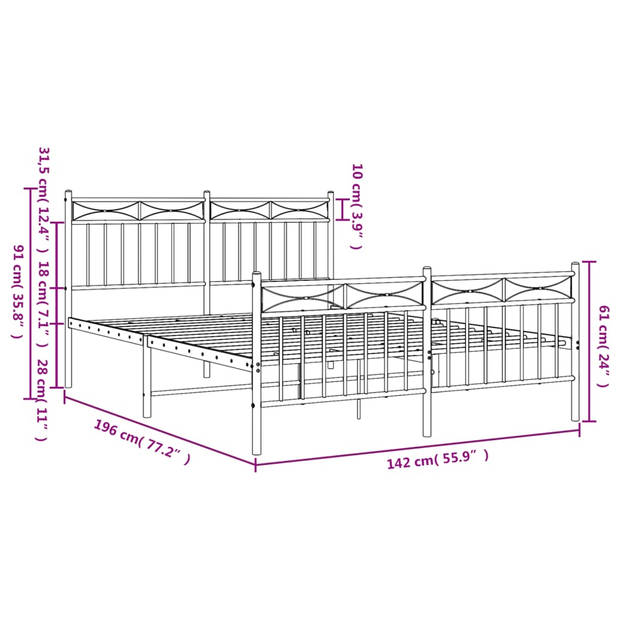 vidaXL Bedframe met hoofd- en voeteneinde metaal wit 135x190 cm