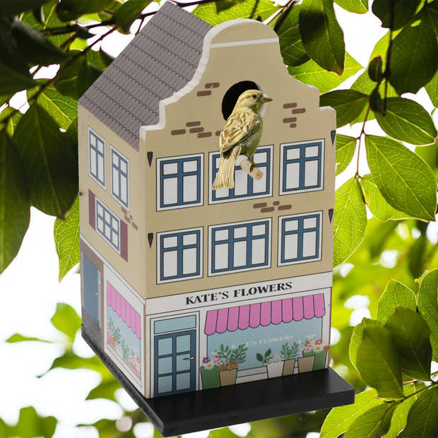 Pro Garden Vogelhuisje - grachtenpand design - hout - beige - 15 x 12 x 23 cm- nestkastje - Vogelhuisjes