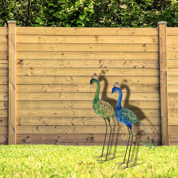 Pro garden Tuin/huis deco dieren/vogel beeld - Metaal - Pauw - 12 x 80 cm - buiten/binnen - groen - Beeldjes