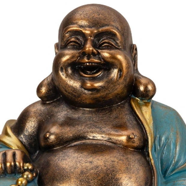 Boeddha beeld Happy Shaman - binnen/buiten - kunststeen - goud/jade - 22 x 23 cm - Beeldjes
