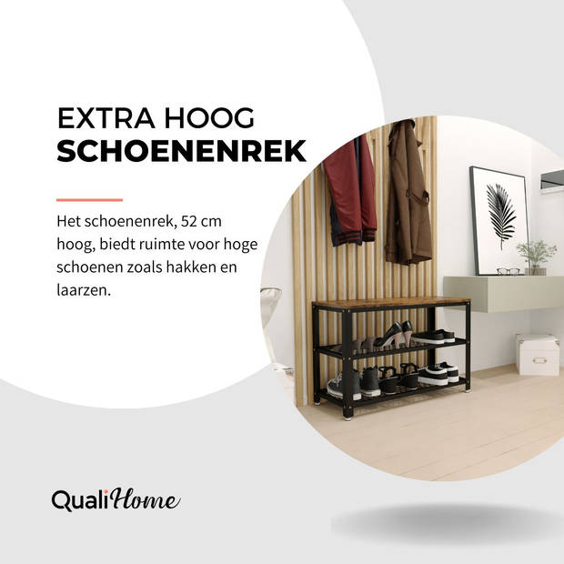 QualiHome Schoenenrek - Schoenenkast - Schoenenbank - 8 paar schoenen - Modern Industrieel -Vintage Hout - 34*76*52 cm (