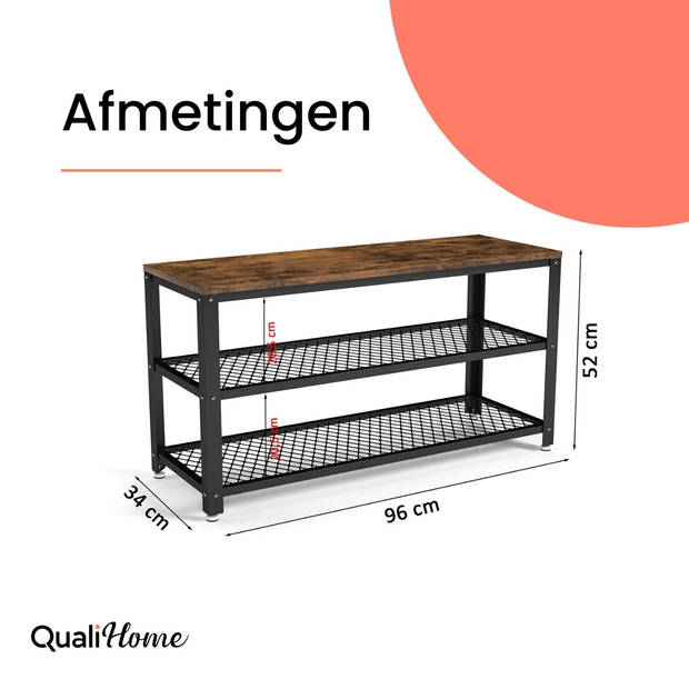 QualiHome Schoenenrek - Schoenenkast - Schoenenbank - 10 paar schoenen - Extra groot - Modern Industrieel -Vintage Hout