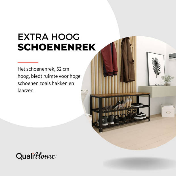 QualiHome Schoenenrek - Schoenenkast - Schoenenbank - 10 paar schoenen - Extra groot - Modern Industrieel -Vintage Hout