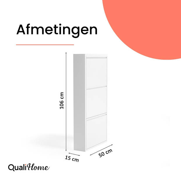 Qualihome Schoenenrek -Schoenenkast - 3 vakken - Geschikt voor 6-8 paar schoenen - Wit- Metaal industrieel - Metaal - 50