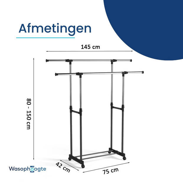 Wasophoogte Droogrek Due- Wasrek - Droogtoren - op wielen - 3 m drooglengte - In Breedte en Hoogte verstelbaar - 42x145x