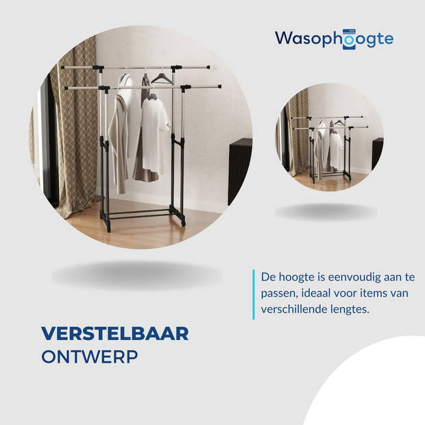 Wasophoogte Droogrek Due- Wasrek - Droogtoren - op wielen - 3 m drooglengte - In Breedte en Hoogte verstelbaar - 42x145x