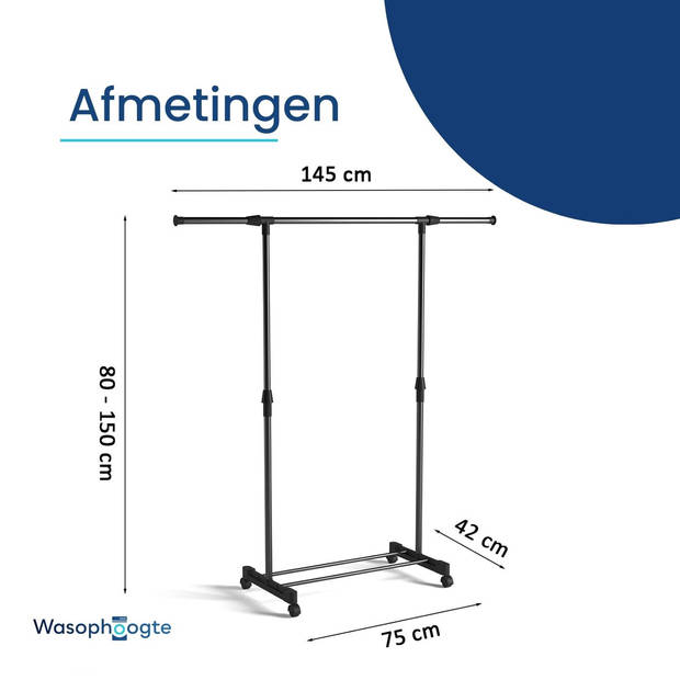 Wasophoogte Droogrek Uno- Wasrek - Droogtoren - op wielen - 1,5m drooglengte - In Breedte en Hoogte verstelbaar - 42x145