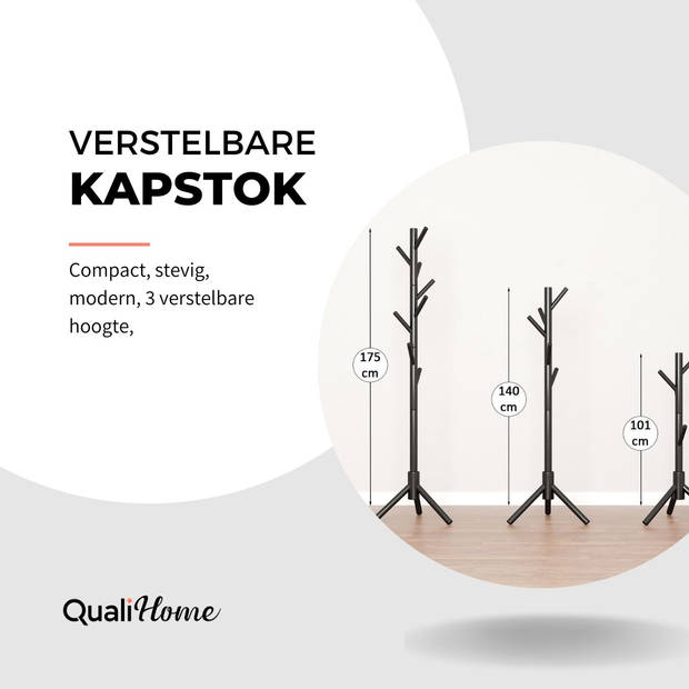 QualiHome kapstok - Staande kapstok - Hal / Woonkamer / Slaapkamer - Kapstok Hout - Kapstok Staand - Garderoberek - 8 Ha