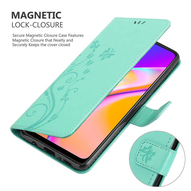 Cadorabo Hoesje geschikt voor Oppo A94 5G in BLOEMEN TURKOOIS - Beschermhoes Case Cover Bloemen magnetische sluiting