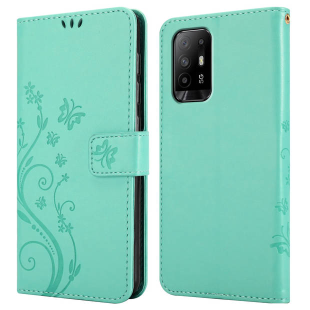 Cadorabo Hoesje geschikt voor Oppo A94 5G in BLOEMEN TURKOOIS - Beschermhoes Case Cover Bloemen magnetische sluiting